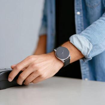 Man making secure contactless payment with smartwatch at terminal. Modern technology allows for quick, easy, and convenient purchase in retail store photo