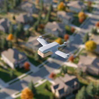 Autonomous delivery drone flying with package demonstrates future shipping technology. aerial view over quiet suburb showcases concept of modern convenience photo