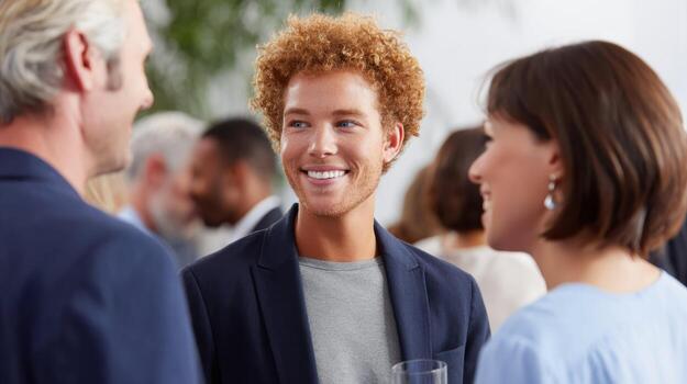 Diverse group of professional business people networking at meeting. Young man smiling during communication, showing happy and positive conversation at corporate event photo