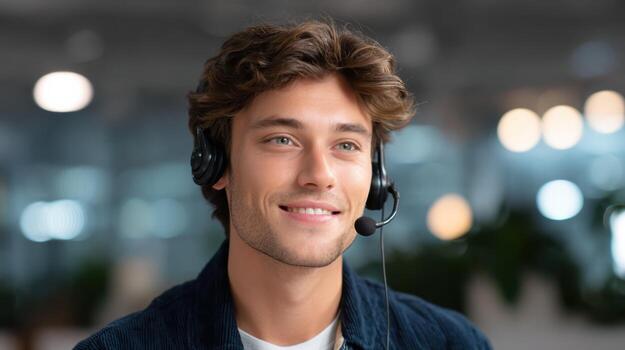 Smiling happy man, professional customer support agent or call center operator, working in an office with headset, providing friendly and helpful service with confidence photo