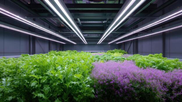 View of large scale automated vertical farm with vibrant green and purple lettuce growing under artificial light. Modern agriculture technology for sustainable urban farming photo