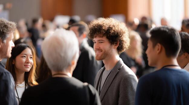 Diverse group of professional people smiling during networking conversation at business conference event. Professionals engaging in happy meeting and discussion photo