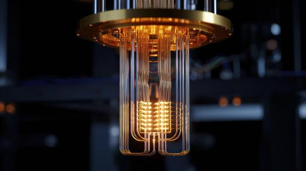 Glowing core of futuristic quantum computer with intricate wiring. sophisticated view of advanced technology, science, and innovation for dark background photo