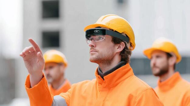 Focused professional worker and engineer in construction using augmented reality technology. man in hardhat leading team, pointing with confidence at project photo