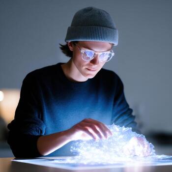 Focused young man developer working with glowing light technology for future innovation. Examining virtual network of data with intense concentration and curiosity photo
