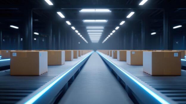 Automated warehouse with sorting robot and package on conveyor belt. futuristic distribution center for logistics and supply chain management with glowing blue light photo