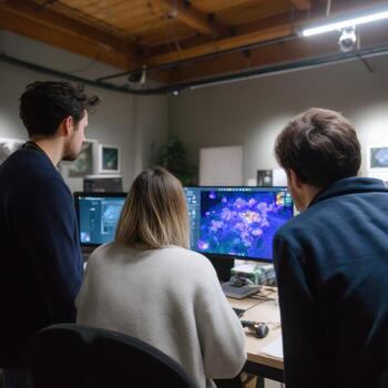 Focused team of game developers shows intense collaboration while testing new game in office. programmer and design group works together at computer screen photo