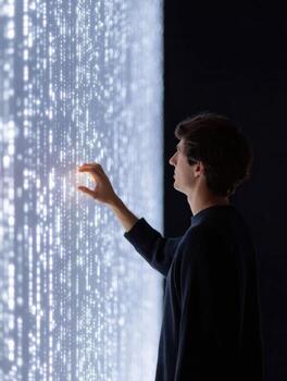 Curious man interacting with an interactive digital wall. person touches glowing screen, exploring future technology, data, and information in dark abstract space photo