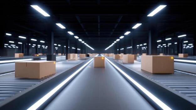 Efficient automated warehouse logistics with futuristic conveyor belt system for distribution and sorting. cardboard box shipment moves through modern industrial factory photo