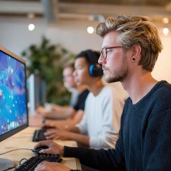 Focused team of young adult developer professionals testing new game. men work with intense concentration on computer in modern creative office photo