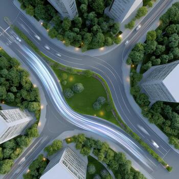 Aerial view of smart city road intersection showing future transportation technology. An autonomous car navigates urban landscape, concept of progress and efficiency photo