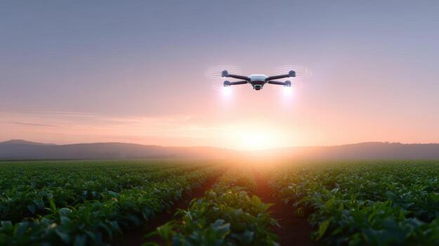 Agricultural drone with smart farming technology scanning crop field at sunset. hopeful view of future of automation and precision agriculture photo