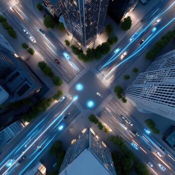 Dynamic aerial view of smart city at night, showing future of transportation. Self driving car technology creates glowing light trails through cityscape intersection photo