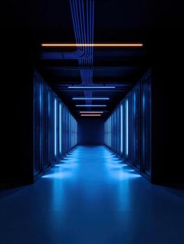 Powerful server room in data center with futuristic technology. Glowing blue light illuminates dark corridor, creating an awe inspiring and high tech atmosphere photo