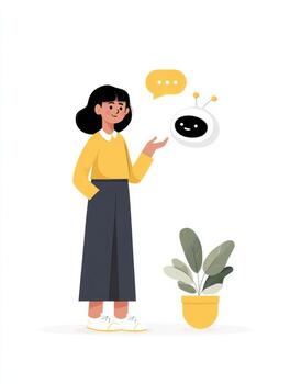 Calm woman interacting with friendly chatbot for customer support. artificial intelligence technology offers online assistance and helpful digital communication photo