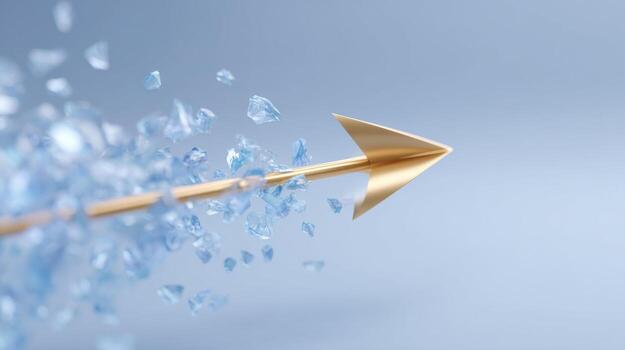 Determined golden arrow shows direction and motion toward goal. abstract blue background represents achieving target for success and powerful breakthrough photo