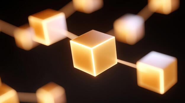 Blockchain technology concept with digital network of data. An abstract future connection shows secure and innovative system. Glowing cubes represent nodes in chain photo