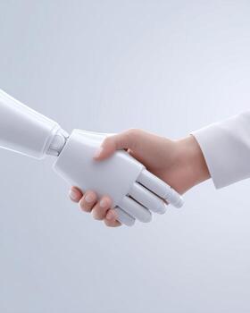 Human hand shaking white robot hand in trusting gesture. concept of partnership, future technology, agreement, and cooperation on an isolated white background photo