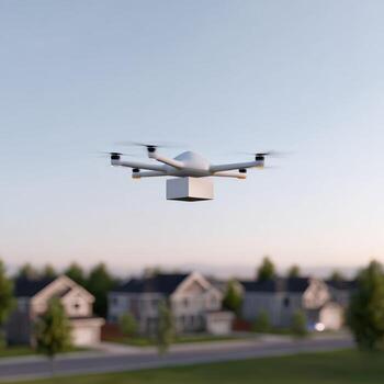 Autonomous delivery drone flying with package over suburban neighborhood. futuristic shipping and logistics technology represents modern, efficient, and convenient service photo