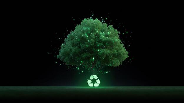 Hopeful digital tree of glowing green data represents sustainability. technology concept with recycle symbol shows positive future for environment and conservation photo