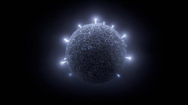 Mysterious dark sphere with complex, textured surface glows with powerful energy. An abstract science or technology concept of virus or futuristic microscopic particle photo