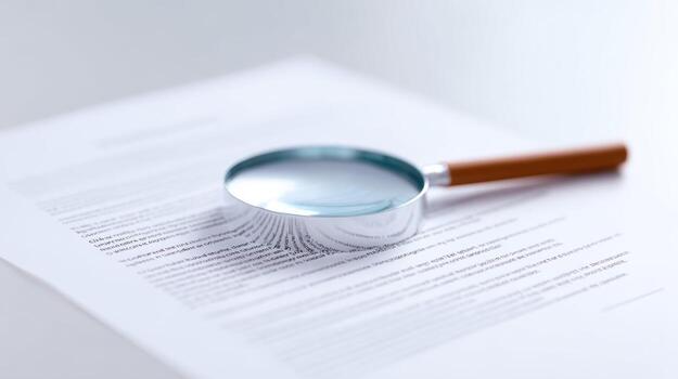 Magnifying glass hovering over fine print of document. focused view for careful inspection, analysis, and review of contract, showing meticulous attention to detail photo