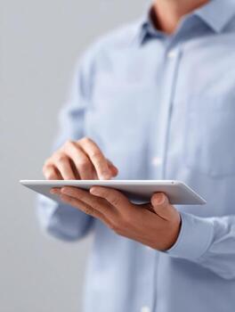 Focused businessman using digital tablet for corporate work. professional manager is approving workflow with modern technology, feeling efficient and productive photo