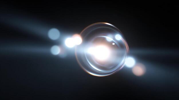 Mesmerizing abstract crystalline lens glowing brightly. beautiful light flare and soft bokeh effect on black background create futuristic and serene atmosphere photo