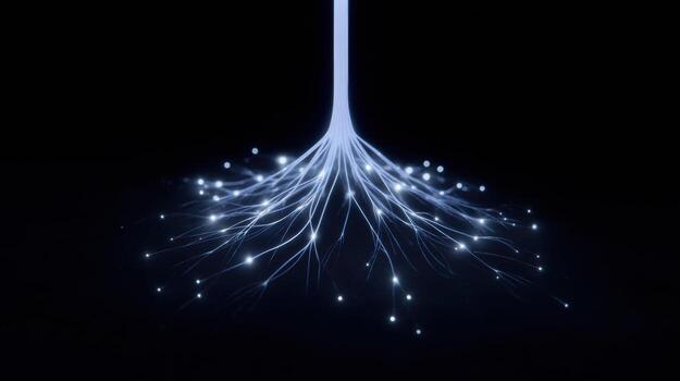 Glowing fiber optic root growing downward symbolize network connection and data technology communication. An abstract futuristic concept showing information flow on black background photo