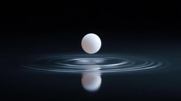 Serene and calm abstract concept of single white sphere making gentle touch on dark water. soft impact creates perfect ripple and subtle reflection. Minimalist photo