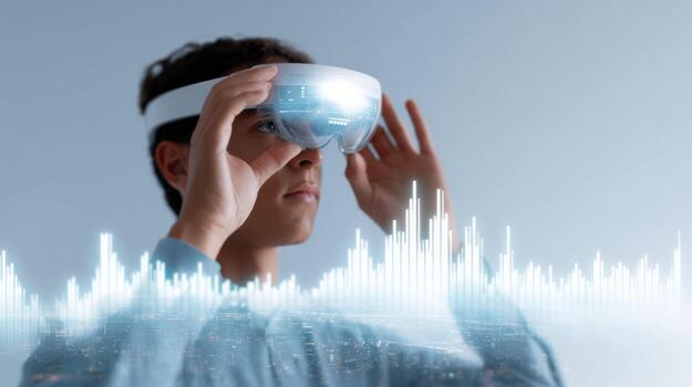 Focused man using an augmented reality goggle headset to visualize data. Exploring future of technology and metaverse with high fidelity virtual reality experience photo