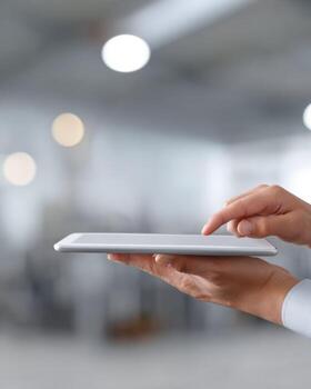 Focused business person holding digital tablet with finger touching screen. Modern technology concept for communication, networking and innovation in blurred office background photo