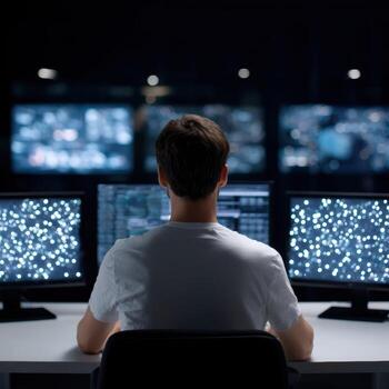 Focused cybersecurity expert from behind monitoring complex data on multiple computer screens. An intense programmer working on network in dark control room at night photo