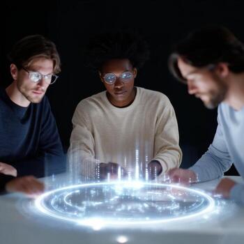 Focused diverse team collaborating on futuristic holographic interface. Teamwork and innovative technology for analyzing data leading to significant new innovation photo