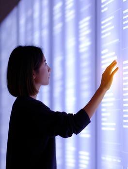 enfocado mujer interactuando con grande interactivo datos pantalla. futuro tecnología concepto muestra persona conmovedor brillante digital monitor con brillante ligero en oscuro habitación foto