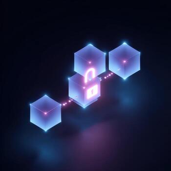 Futuristic blockchain technology concept with secure digital network for data and cryptocurrency finance. abstract glowing illustration conveys innovation and safety photo