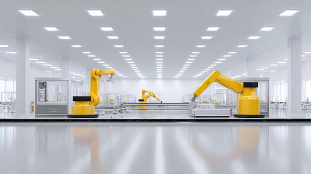 Smart factory with robotic arm on an assembly line showcasing futuristic automation. advanced manufacturing and industry technology represents precise production photo