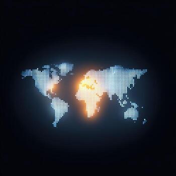 Glowing world map made of digital dots. global technology network shows futuristic connection with bright focus on continent of Africa on dark background photo