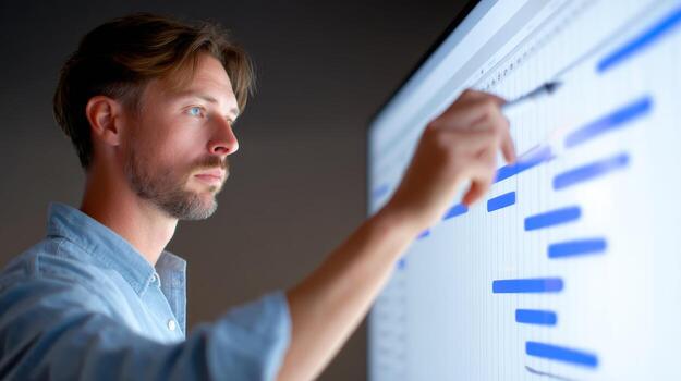 Focused project manager planning business strategy. professional using technology for scheduling on large Gantt chart timeline, showing intense concentration photo