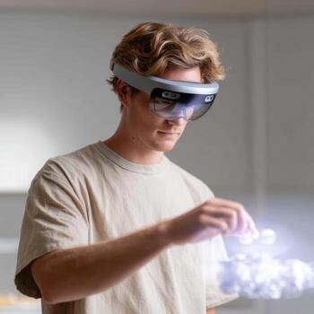 Focused young man with an augmented reality headset interacting with glowing virtual object. futuristic technology shows innovation and simulation for metaverse experience photo