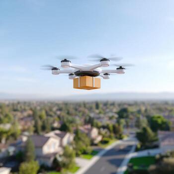 Autonomous delivery drone flying with package for shipping over suburb. concept shows future of technology and logistics with modern quadcopter photo