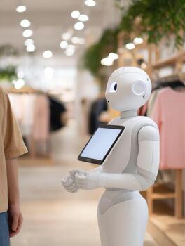 Friendly humanoid robot with AI provides helpful customer assistance and service in modern retail store. Technology of future in shopping environment for interaction photo