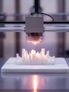 futurista impresora creando complejo arquitectónico modelo de ciudad. innovador tecnología muestra nuevo era de fabricación y prototipos con precisión y creatividad foto