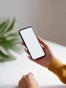 Close up of hand holding modern smartphone with blank screen. calm person browsing an app on mobile device, showing technology in minimalist workspace photo