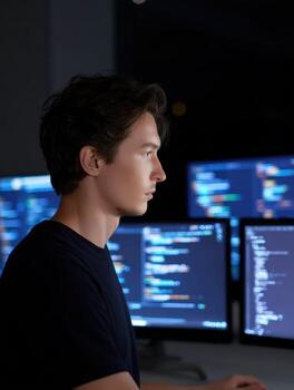 enfocado programador trabajando con complejo código en computadora pantalla. masculino desarrollador utilizando tecnología, analizando datos en oscuro oficina a noche, demostración intenso concentración foto
