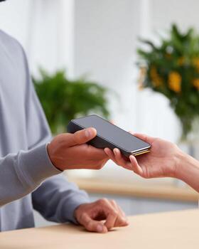 Customer at store completing contactless mobile payment with phone. Fast, easy transaction using modern technology at payment terminal for convenient shopping day photo