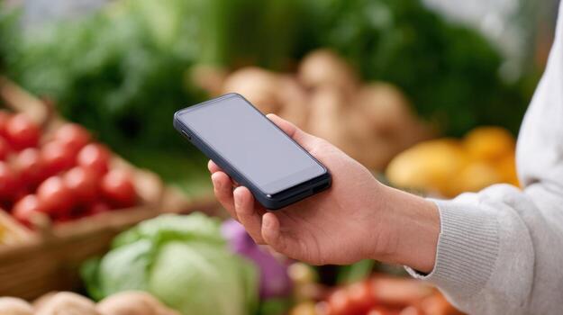 Focused person using smartphone with digital wallet for contactless payment while shopping for fresh grocery and vegetable at market, convenient modern lifestyle photo