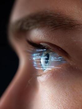 Focused blue eye close up showing futuristic digital interface. Reflection of complex data. concept for technology, vision, cybernetic augmentation, and high fidelity information photo