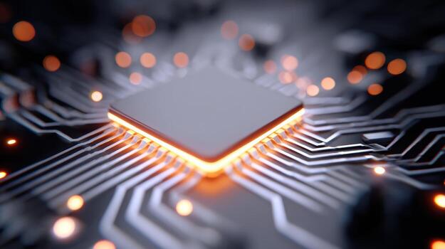 Powerful macro shot of computer chip with glowing circuits on an electronic board. High fidelity processor represents advanced technology and future of innovation photo