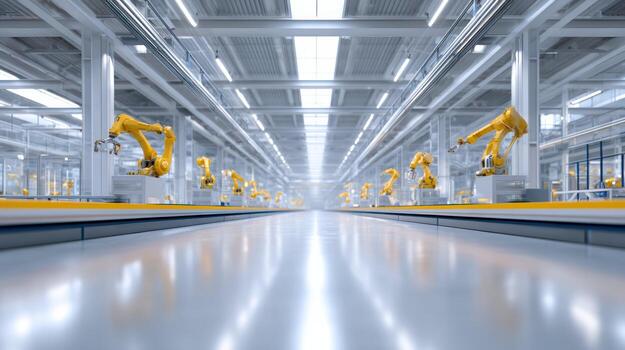 Futuristic smart factory assembly line with robotic arms showing advanced technology and automation. powerful view of future of industrial manufacturing and production photo